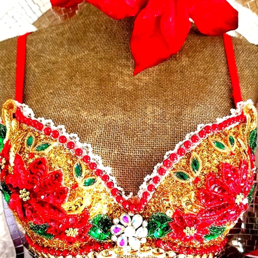 🍭JJ's EYE CANDY Poinsettia Holiday Rave Bra